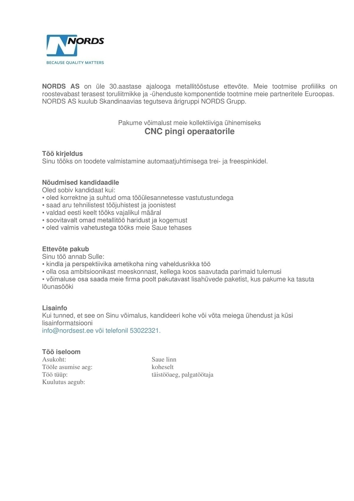 Nords AS CNC pingi operaator