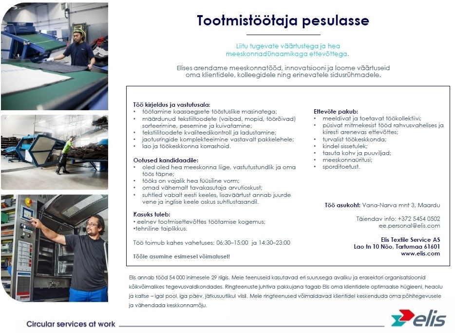 Elis Textile Service AS Tootmistöötaja pesulasse