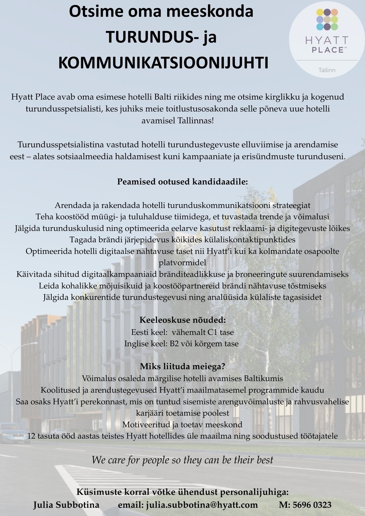 Hyatt Place Tallinn Turundus- ja kommunikatsioonijuht - liitu peagi avaneva hotelliga Hyatt Place Tallinn