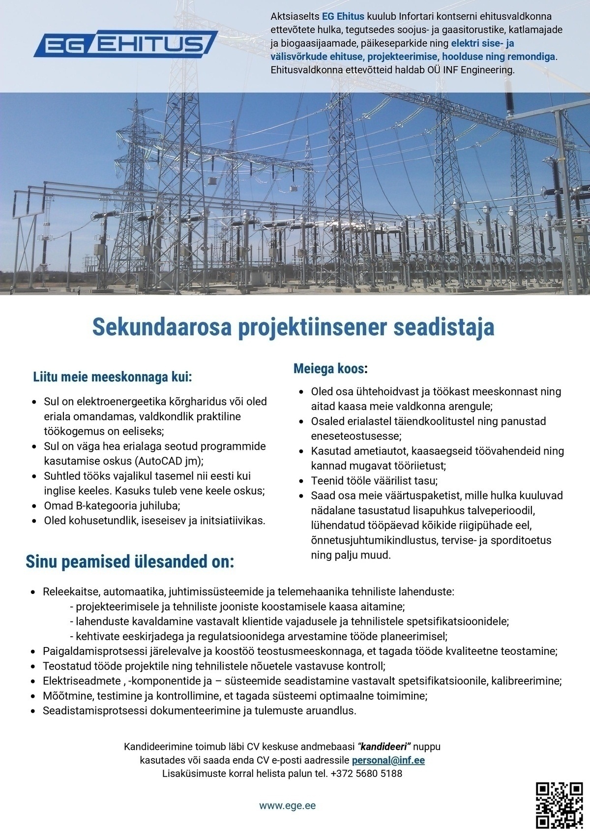 EG EHITUS AS Sekundaarosa projektiinsener seadistaja