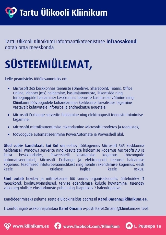 Tartu Ülikooli Kliinikum SA Süsteemiülem