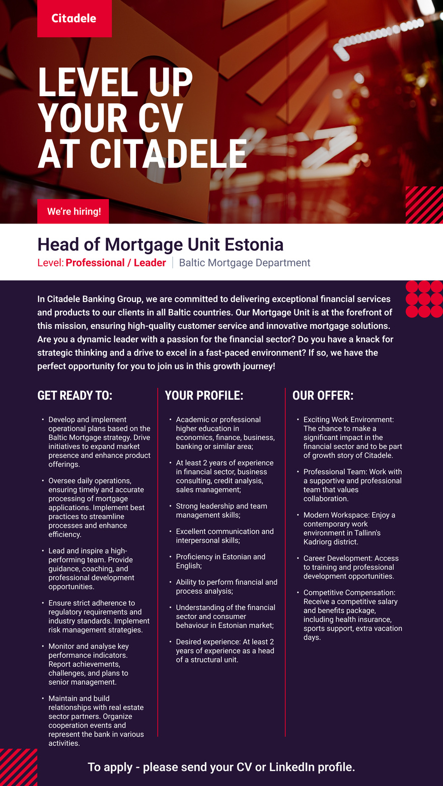 AS CITADELE BANKA EESTI FILIAAL Head of Mortgage Unit Estonia