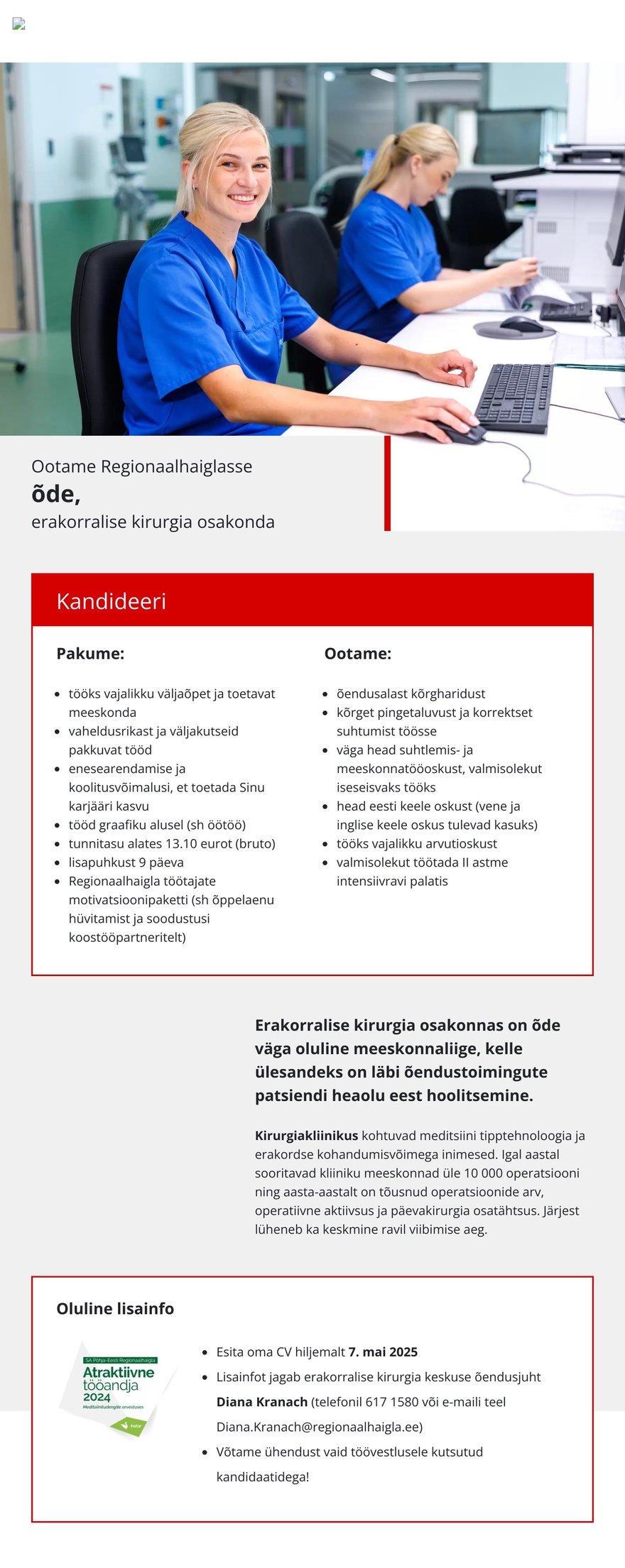 Põhja-Eesti Regionaalhaigla Õde erakorralise kirurgia osakonda