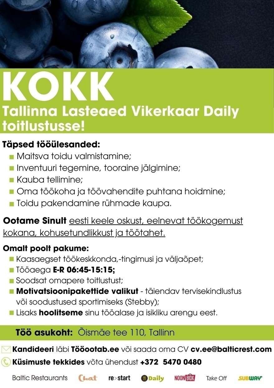 Baltic Restaurants Estonia KOKK Tallinna Lasteaed Vikerkaar Daily toitlustusse!