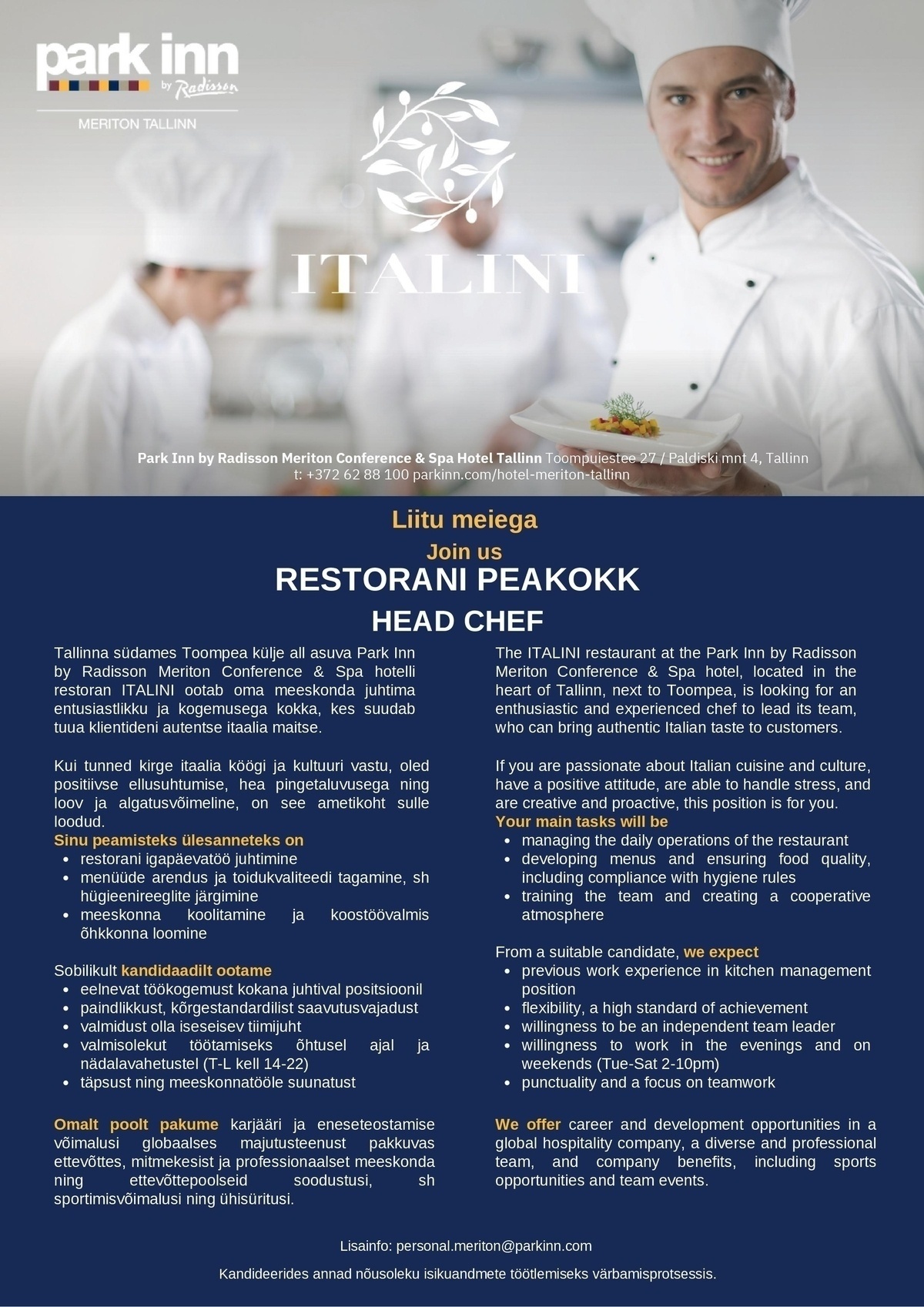 Meriton Hotels OÜ Restorani peakokk
