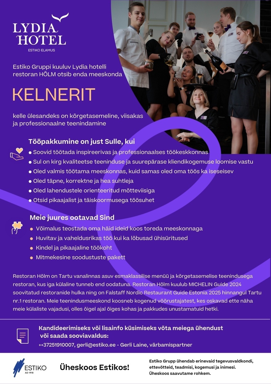 OÜ Lydia Hotell Restoran Hõlm kelner